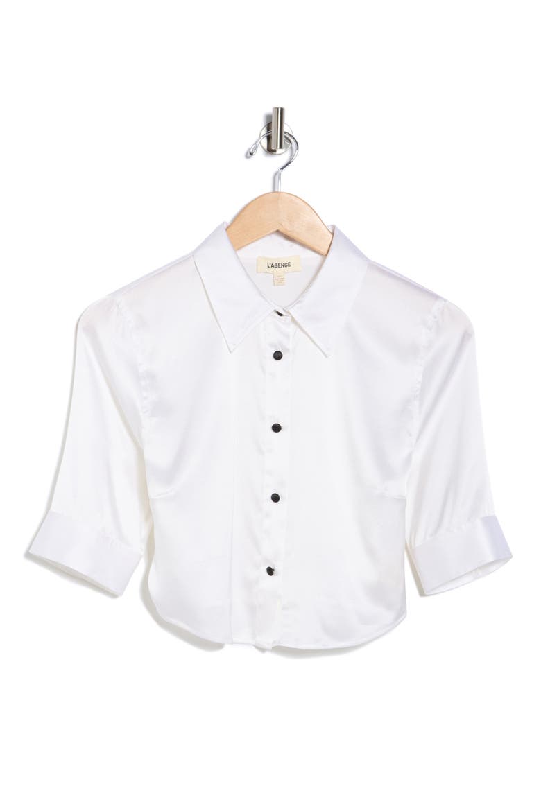 Niccola Elbow Sleeve Silk Blend Crop Button-Up Shirt, Alternate, color, WHITE/BLACK