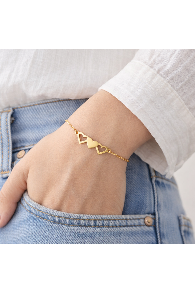 Triple Heart Chain Bracelet, Alternate, color, Gold