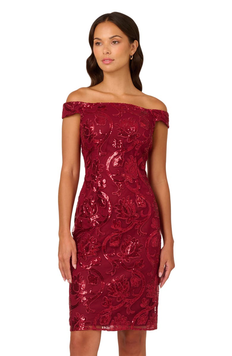 Adrianna Papell Sequin Off the Shoulder Sheath Cocktail Dress, Alternate, color, Garnet