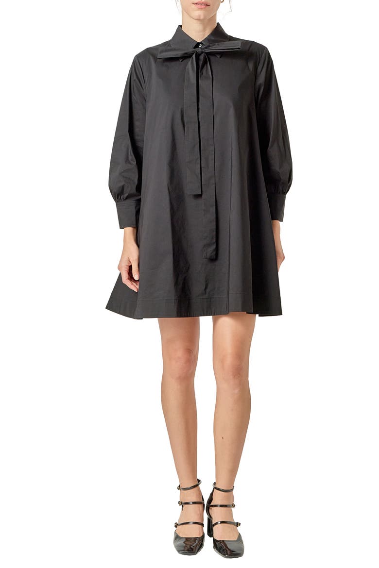 Bow Long Sleeve Shirtdress, Main, color, BLACK