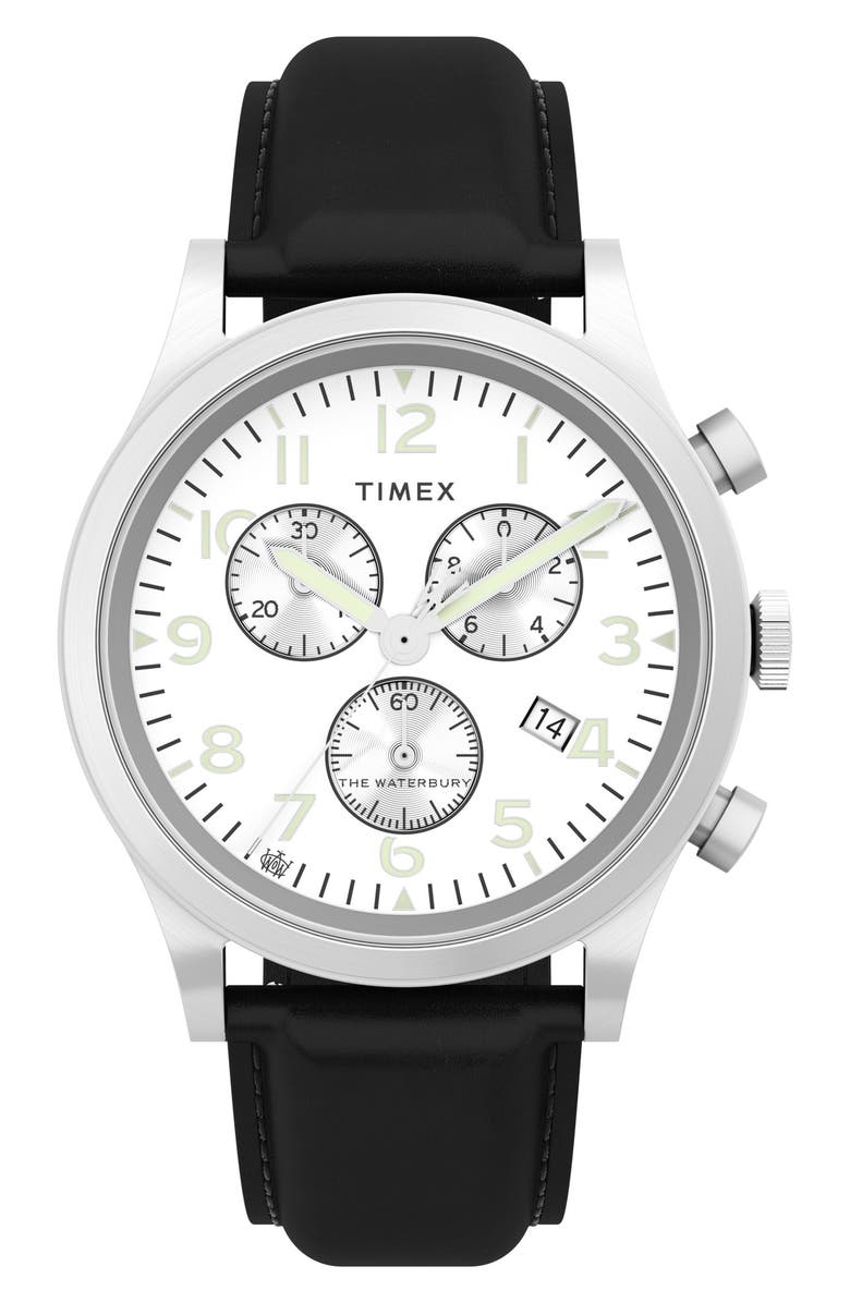 Timex<sup>®</sup> Waterbury Traditional Chronograph Leather Strap Watch, 42mm, Main, color, Black