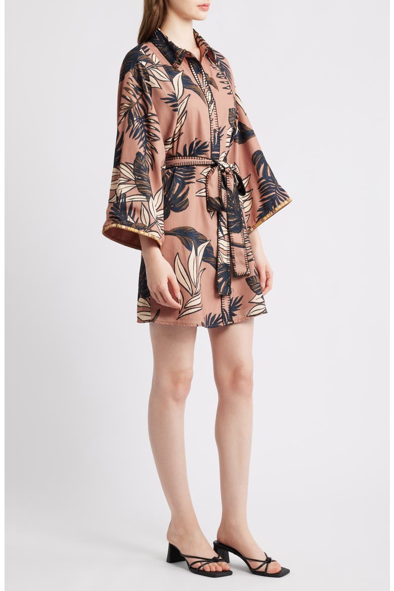 Gaia Leaf Print Mini Shirtdress, Alternate, color, TAUPE