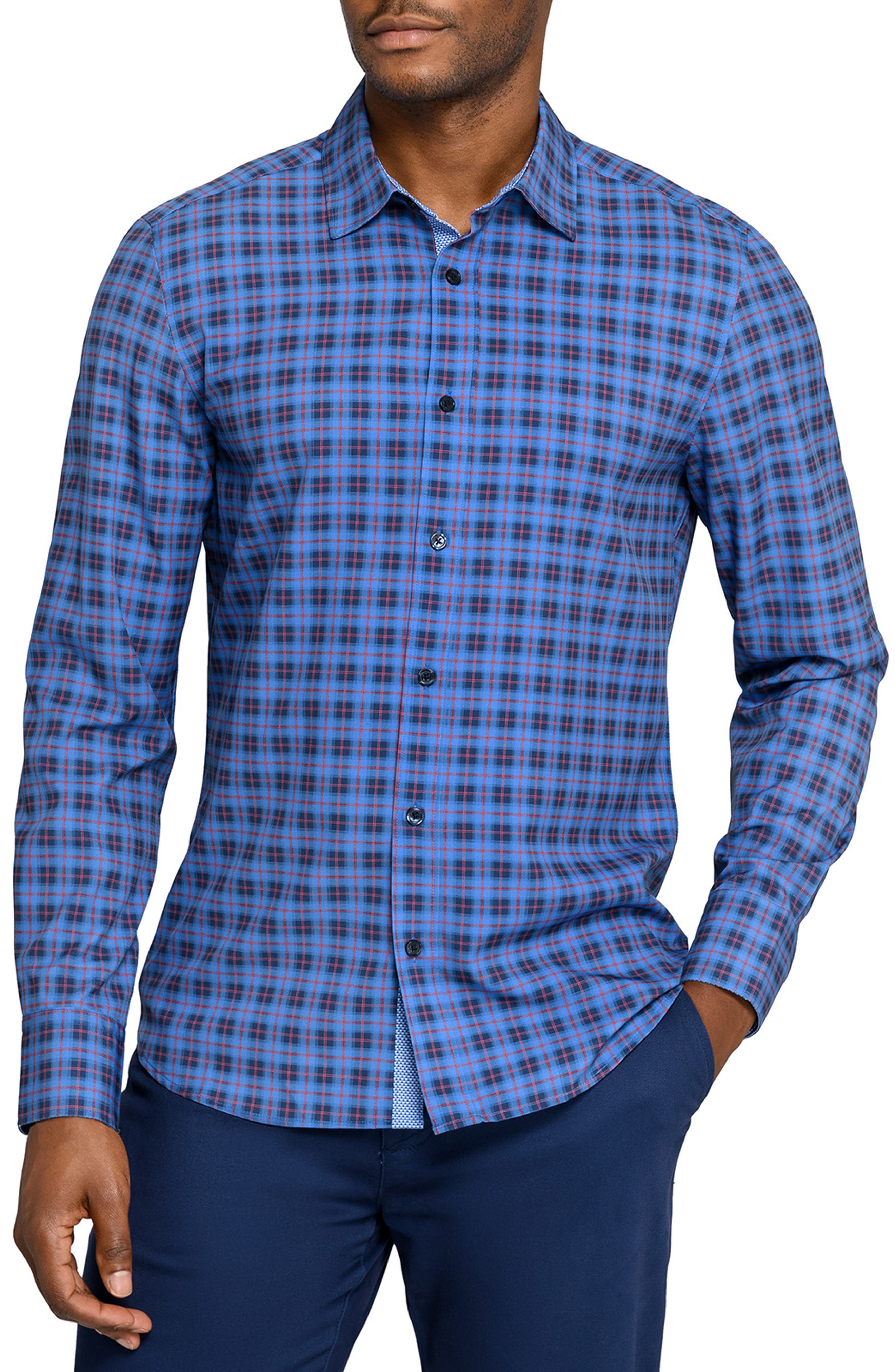 Construct Plaid Long Sleeve Button-up Shirt In Blue