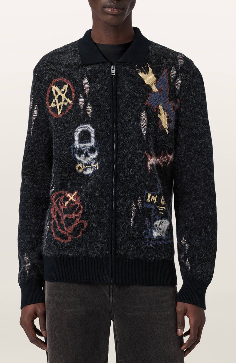 AllSaints Meller Zip-Up Cardigan, Main, color, Black