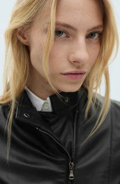 Mango Leather Moto Jacket In Black