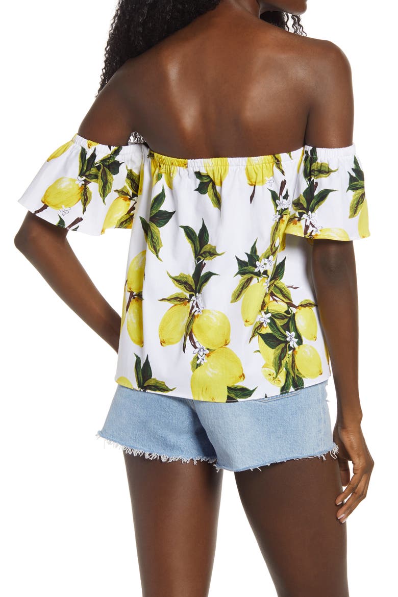 Lemon Print Off the Shoulder Top, Alternate, color, WHITE