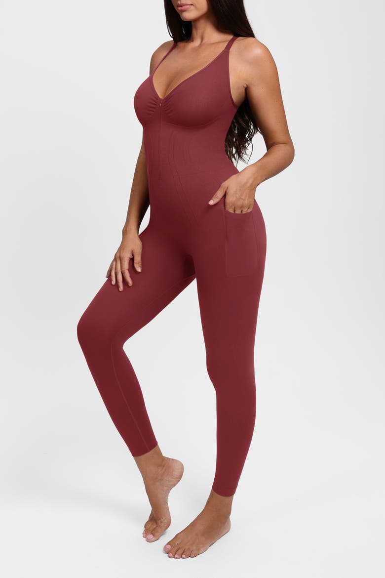 Shapewear Zip Front Deep V Adjustable Strap Jumpsuit, Alternate, color, Brick Red