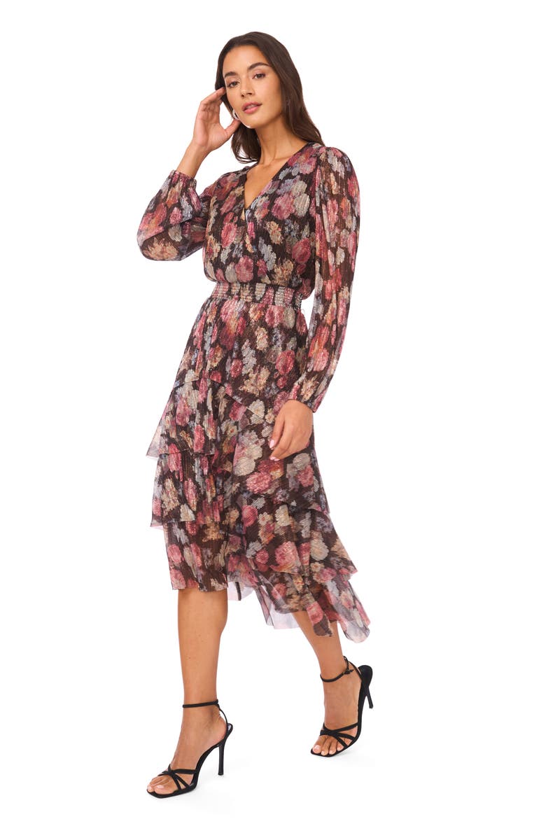 Metallic Floral Long Sleeve Plissé Midi Dress, Alternate, color, RICH BLACK