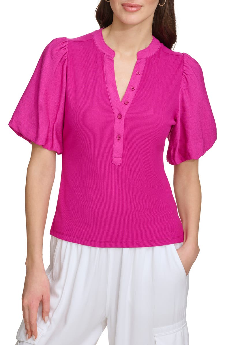 DKNY Rib Crinkle Sleeve Henley Top, Main, color, Raspberry Cocktail
