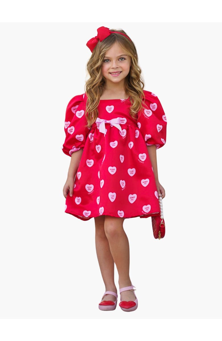 Mia Belle Girls Sweethearts Puff Sleeve Valentine's Day Dress, Main, color, Red