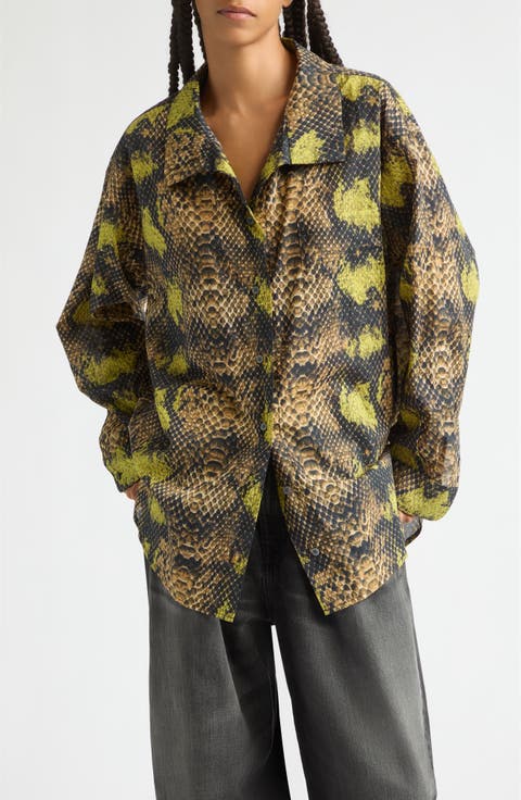 Tall Collar Boyfriend Button-Up Shirt in Faux Snakeskin