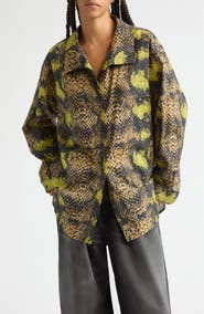 R13 Tall Collar Boyfriend Button-Up Shirt in Faux Snakeskin