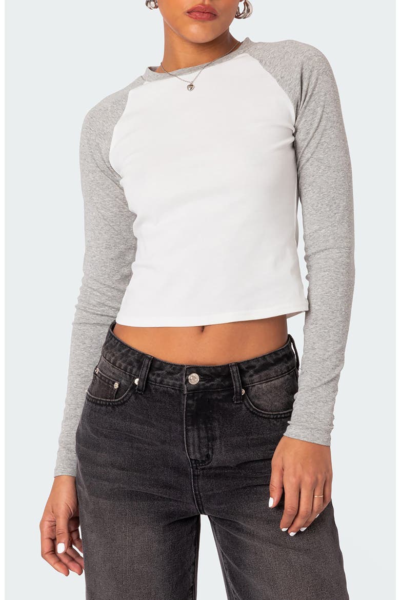 Raya Long Sleeve Crop Cotton Baseball T-Shirt, Main, color, WHITE/GREY