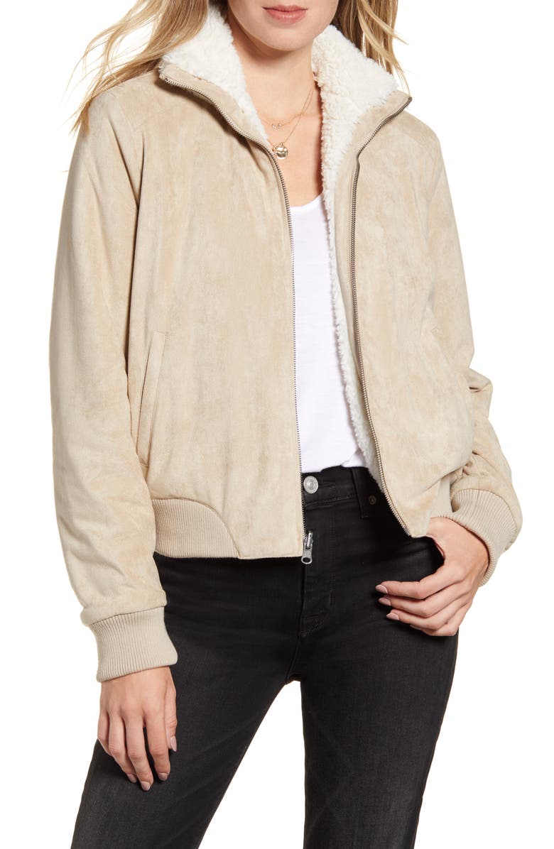 cupcakes and cashmere Kendal Reversible Faux Suede & Fleece Bomber Jacket, Alternate, color,