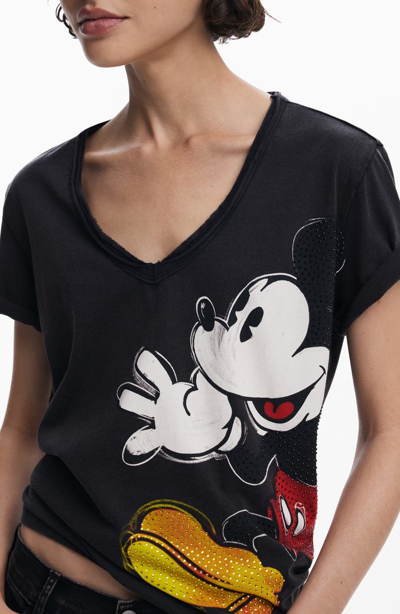 Desigual Mickey Mouse Embellished V-Neck T-Shirt, Alternate, color, 