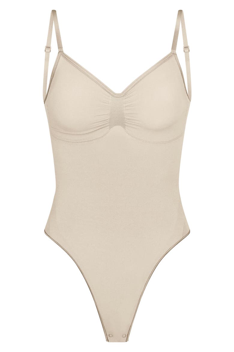 Seamless Sculpt Low Back Thong Bodysuit, Alternate, color, SAND
