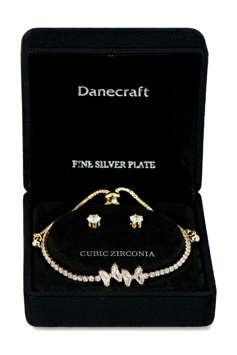 Cubic Zirconia Stud Earrings & Tennis Bracelet Set, Main, color, METALLIC GOLD