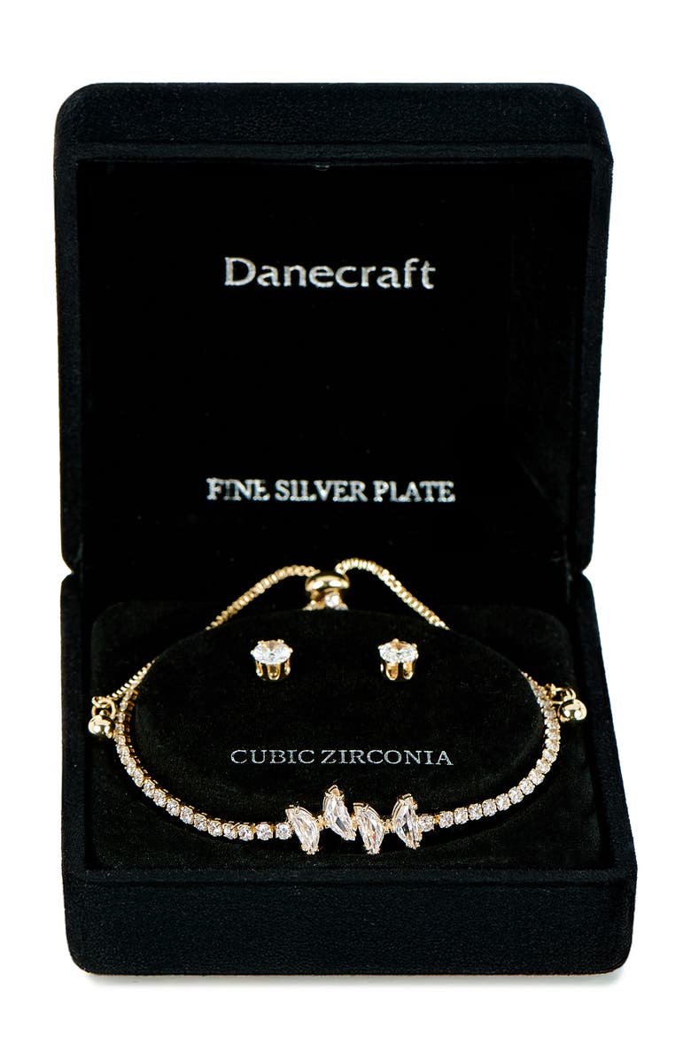 Danecraft Cubic Zirconia Stud Earrings & Tennis Bracelet Set, Main, color, Metallic Gold