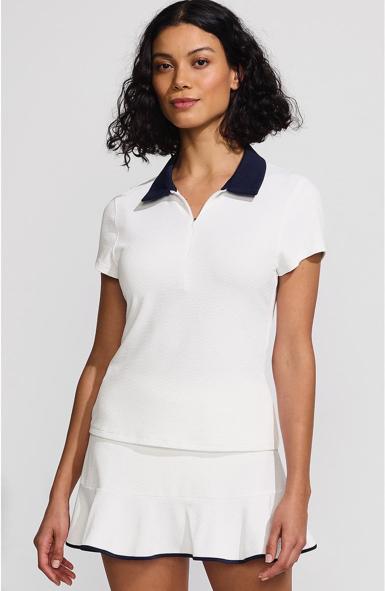 Lands' End Short Sleeve Pique Johnny Collar UPF 50 Rash Guard, Main, color, White/Deep Sea Navy