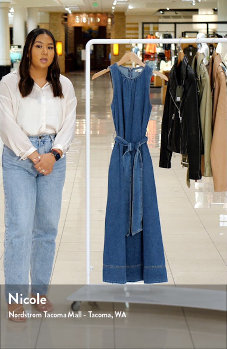 Belted Nonstretch Denim Midi Dress, sales video thumbnail