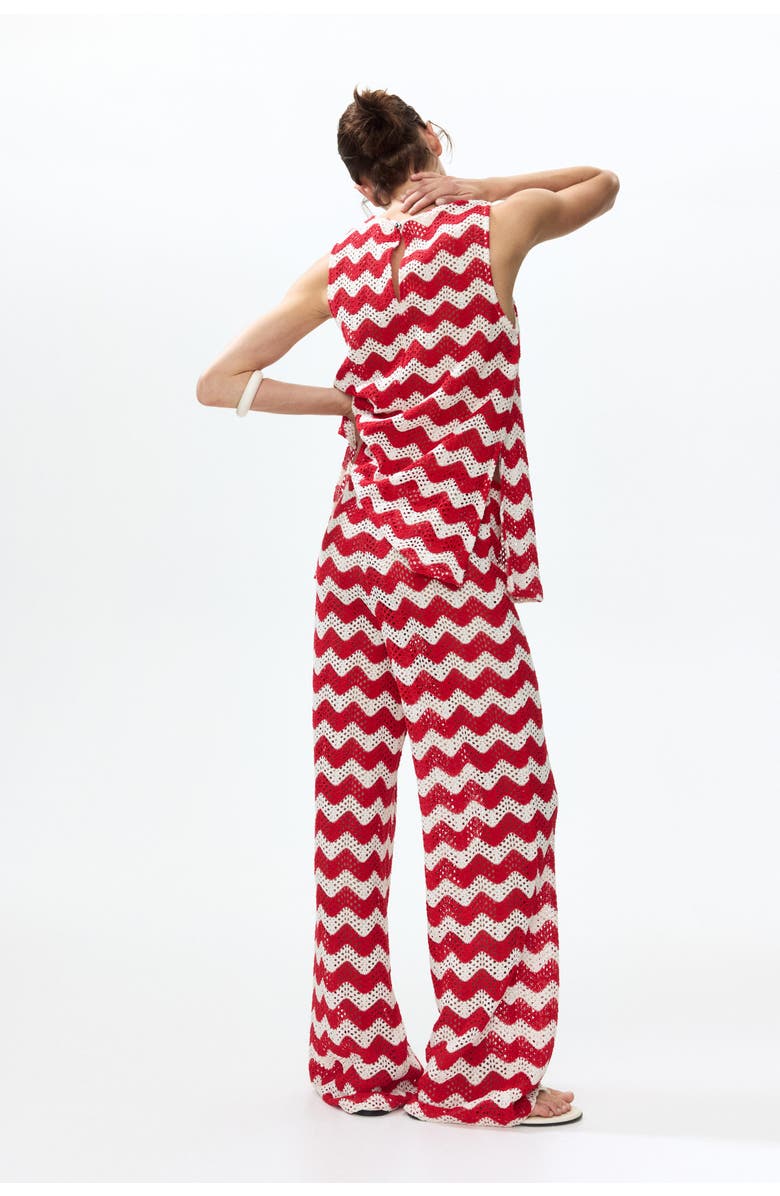 H&M Crochet-look Jacquard Jersey Trousers, Alternate, color, White/Red Striped