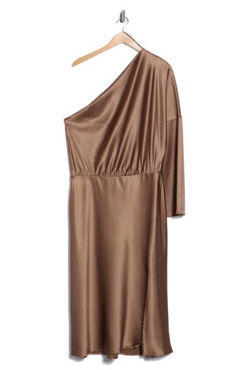 Renee C One-shoulder Satin Midi Dress In Brown