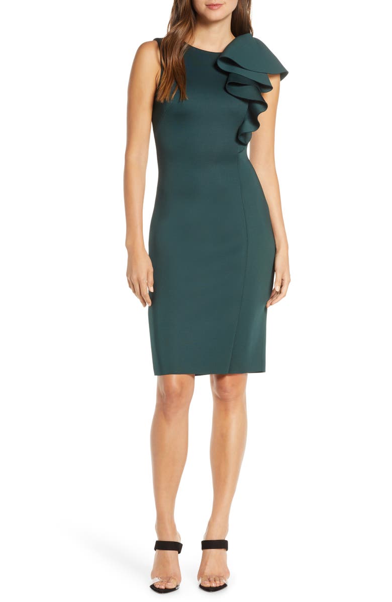 Eliza J Ruffle Scuba Sheath Dress, Main, color, 