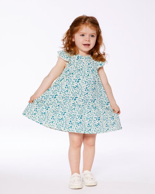 Deux Par Deux Girls' Printed Organic Cotton Dress - Big Kid In Small Turquoise Flowers