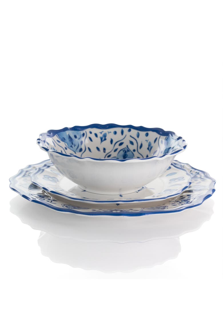 Blue Garden 12 Piece Scalloped Lightweight Melamine Dinnerware Set, Alternate, color, Blue