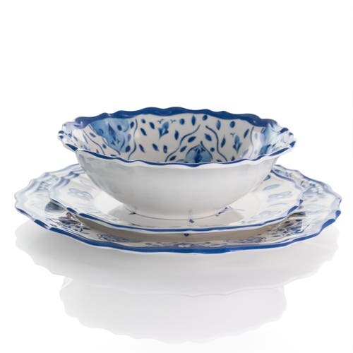 Elama Blue Garden 12 Piece Scalloped Lightweight Melamine Dinnerware Set In Blue
