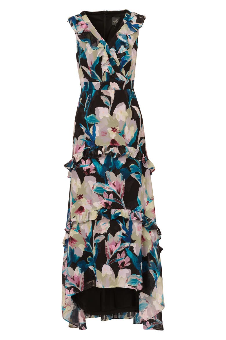 Floral Ruffle Chiffon Evening Gown, Alternate, color, BLACK MULTI