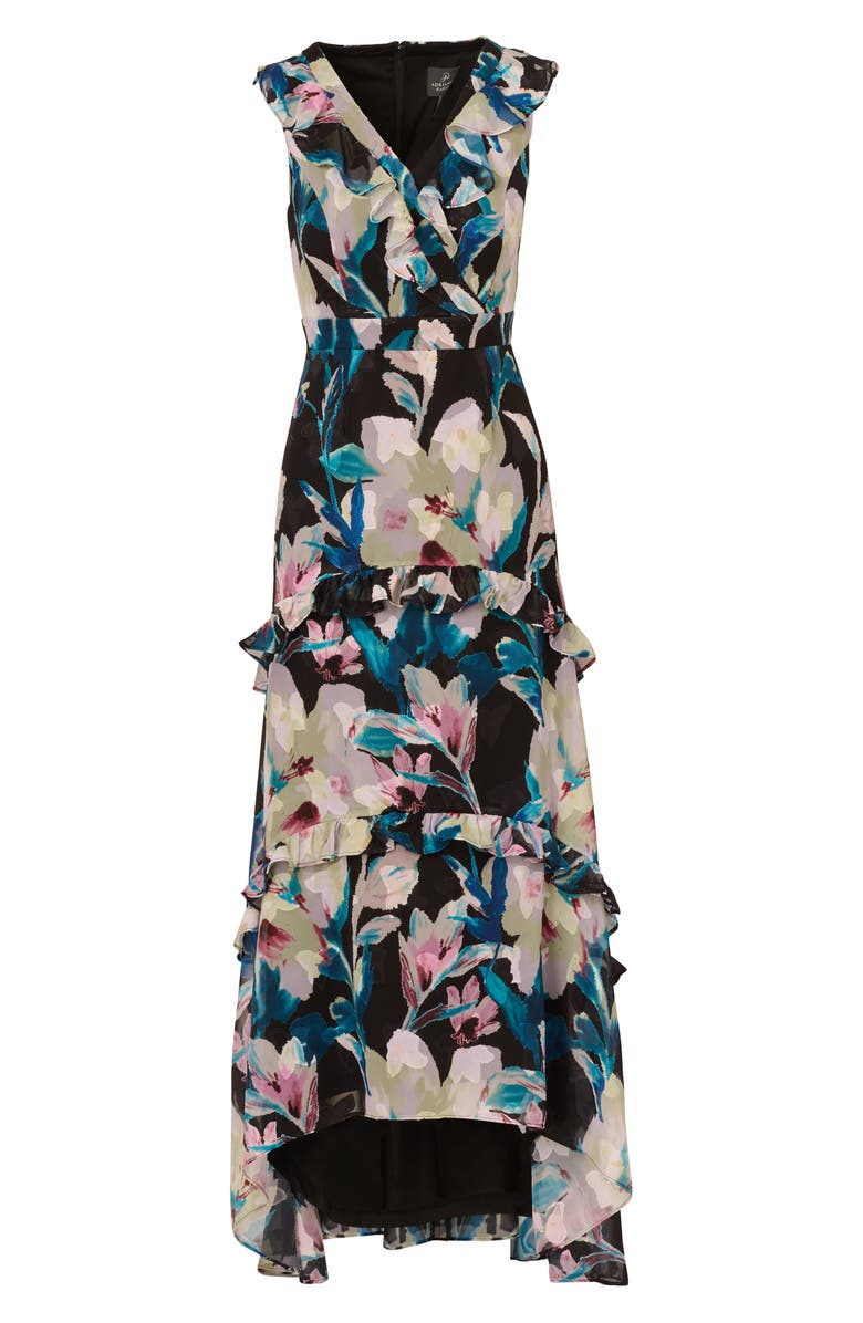 Adrianna Papell Floral Ruffle Chiffon Evening Gown, Alternate, color, Black Multi