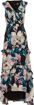 Adrianna Papell Floral Ruffle Chiffon Evening Gown