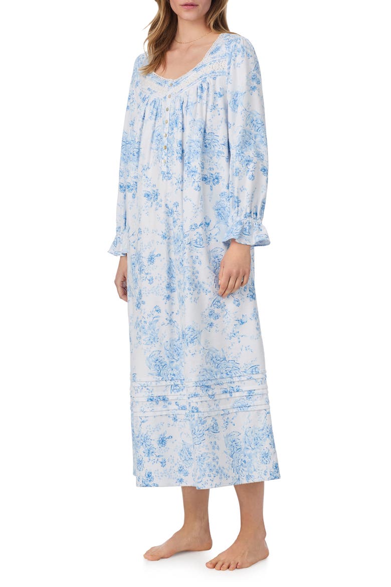Long Sleeve Cotton Flannel Ballet Nightgown, Alternate, color, WHITE/ BLUE FLOWER