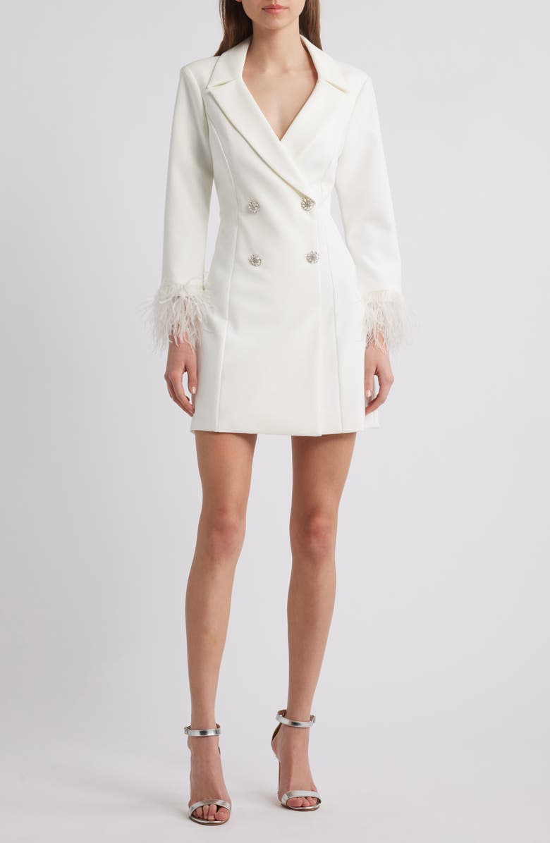 LIKELY Gloria Feather Double Breasted Long Sleeve Blazer Minidress, Main, color,