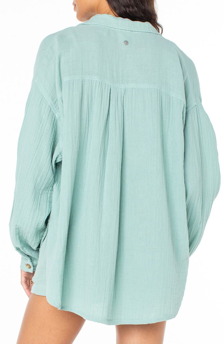 Roxy Morning Time Cotton Gauze Button-Up Shirt, Alternate, color, Aquifer Solid