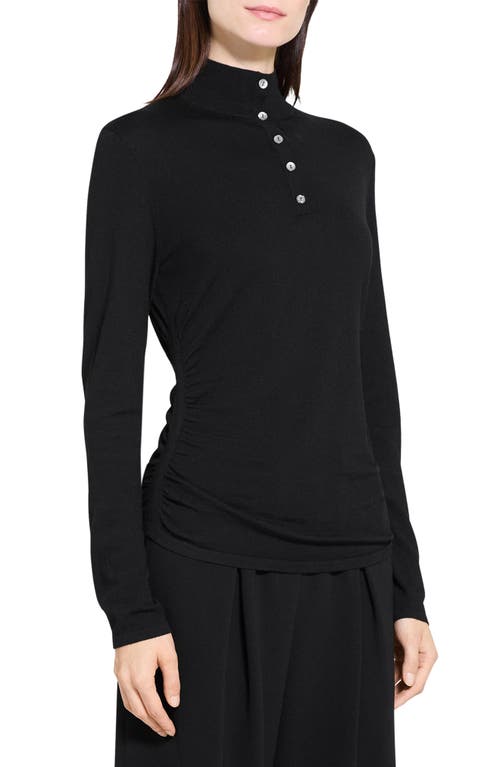 Theory Shirred Mock Neck Merino Wool Top In Black