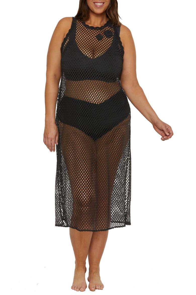 Castaway Island Sheer Mesh Cover-Up Dress, Main, color, BLACK