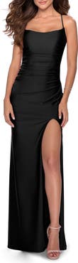 La Femme Long Prom Dress with Tie Up Back Jersey
