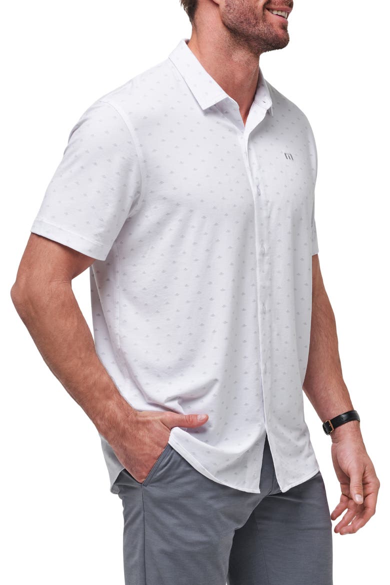 Set a Course Geo Print Knit Short Sleeve Button-Up Shirt, Alternate, color, WHITE