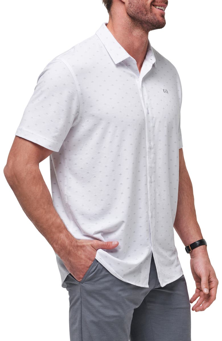 TravisMathew Set a Course Geo Print Knit Short Sleeve Button-Up Shirt, Alternate, color, 