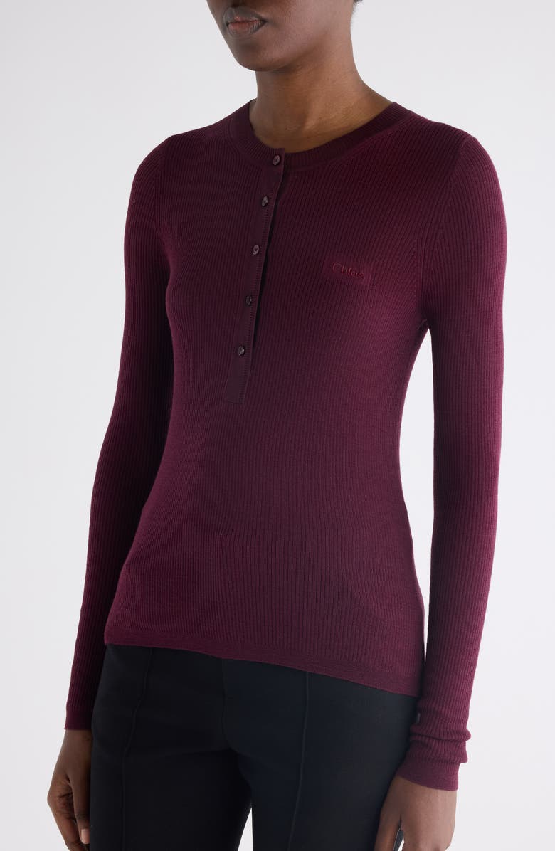 Chloé Long Sleeve Wool Rib Henley, Alternate, color, Burgundy