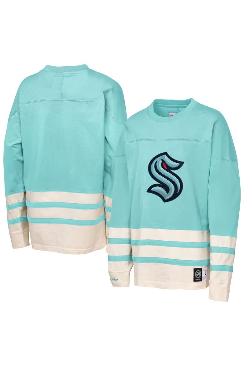 Youth Mitchell & Ness  Light Blue Seattle Kraken Chainstitch Heavyweight Long Sleeve Top, Main, color, Light Blue