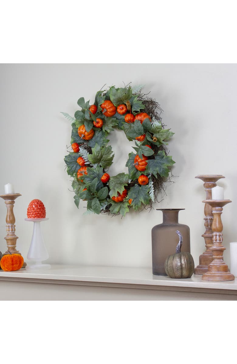 Northlight Maple and Fern Leaves with Pumpkins Artificial Wreath, Orange 24-Inch, Alternate, color, Orange