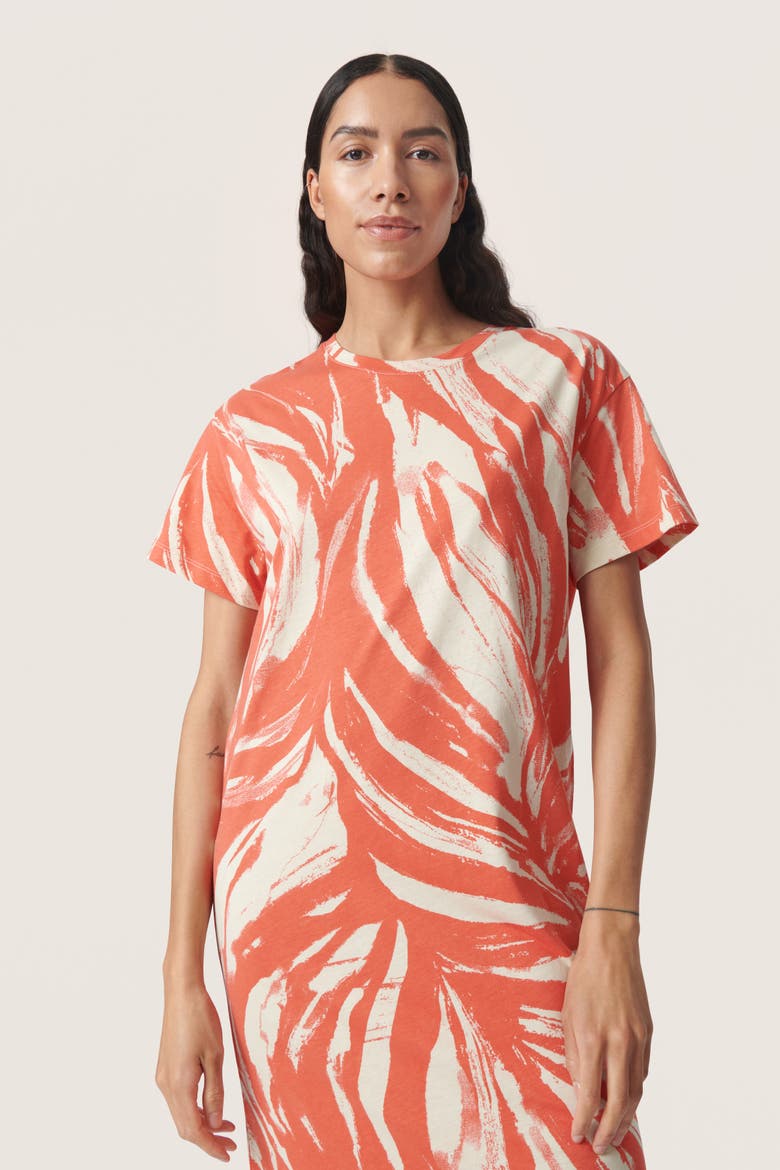 Eva Short Sleeve Crew Neck Midi Dress, Alternate, color, Hot Coral Wave