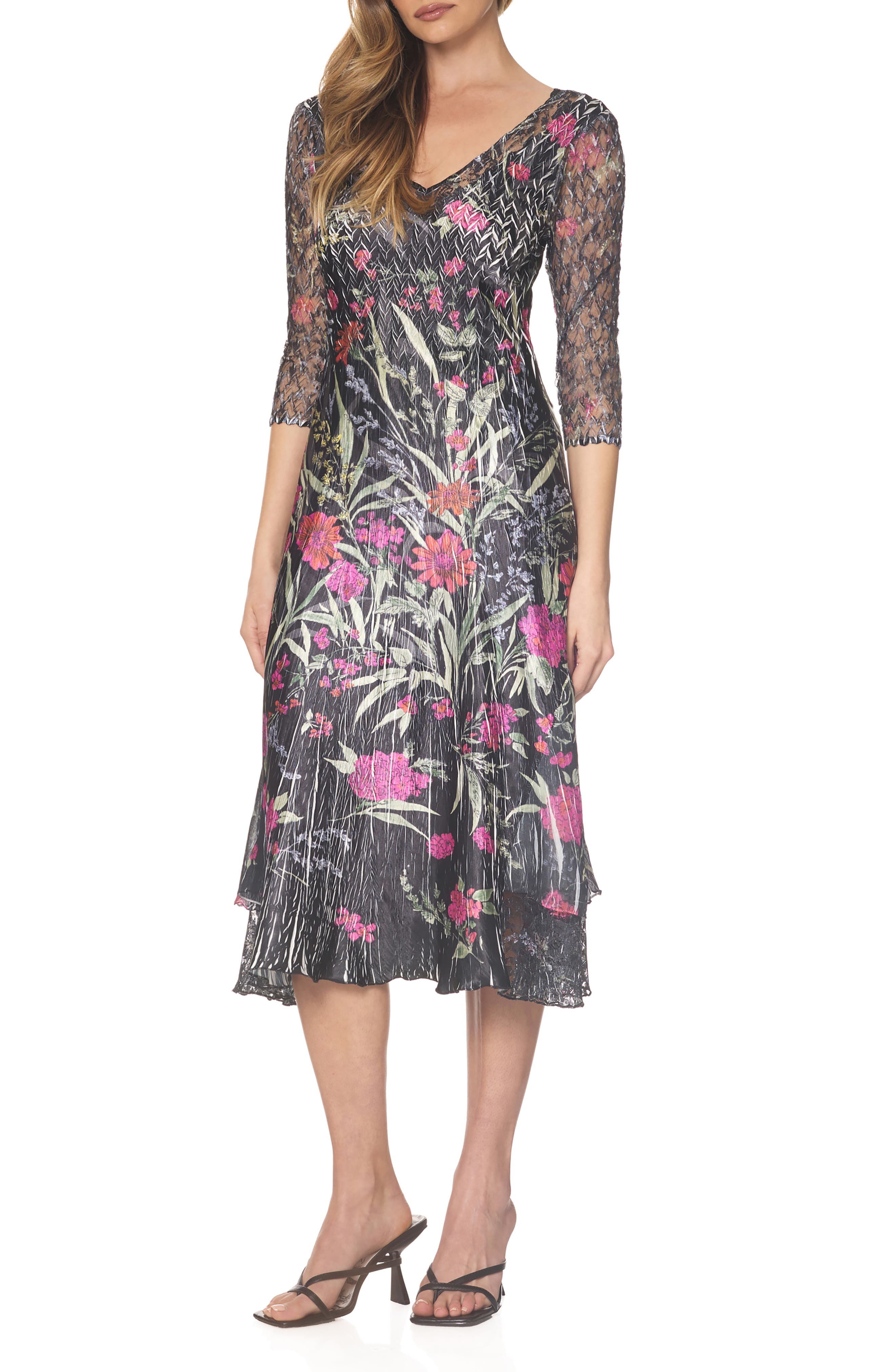 Komarov V-Neck Charmeuse & Chiffon Cocktail Dress