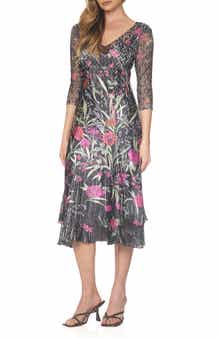 Komarov V-Neck Charmeuse & Chiffon Cocktail Dress