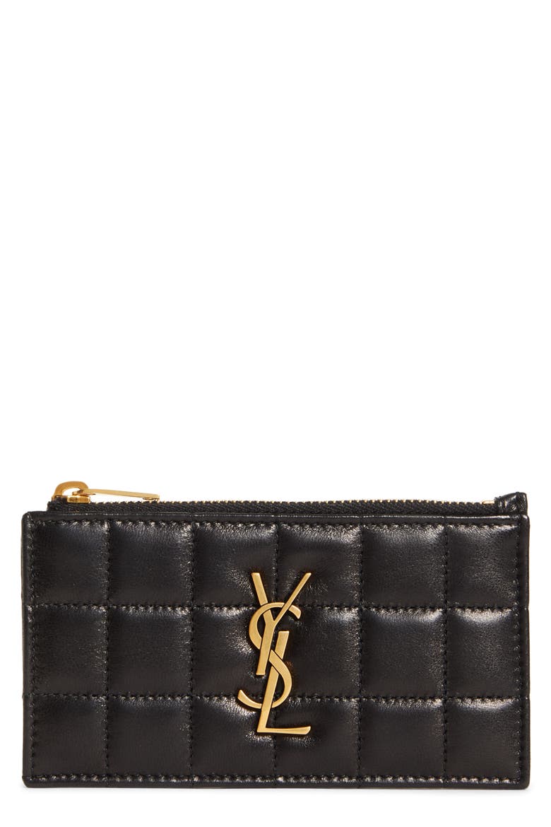 Gaby Quilted Zip Leather Card Case, Main, color, NOIR