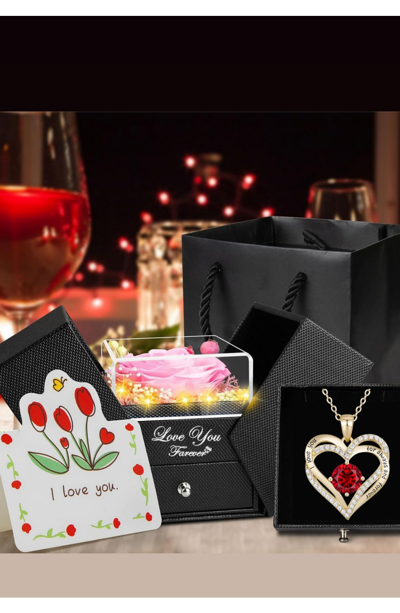 Lovery Preserved Pink Rose with Led Lights & 14K Gold Plated Double Heart Ruby Necklace, Alternate, color, Black, Pink