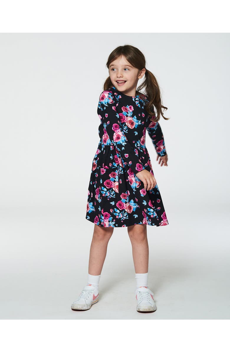 Deux par Deux Little Girl's Printed Roses Dress With Pockets Black, Alternate, color,